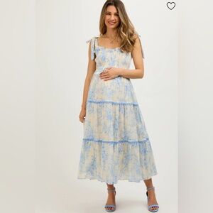Light Blue Floral Sleeveless Ruffle Tiered Maternity Midi Dress